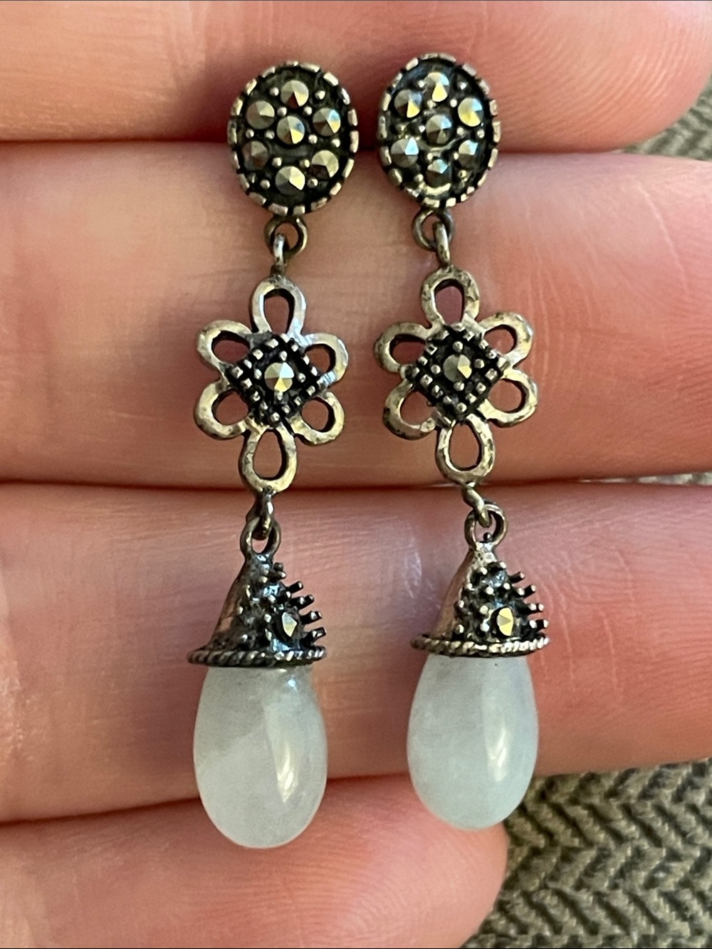 Sterling Silver, Marcasite, Gemstone Dangle Earrings